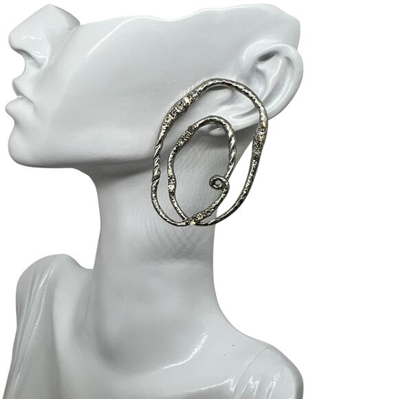 Vintage Silver Spiral Statement Earring - Abstract Hammered Metal with Crystals - Picture 1 of 8